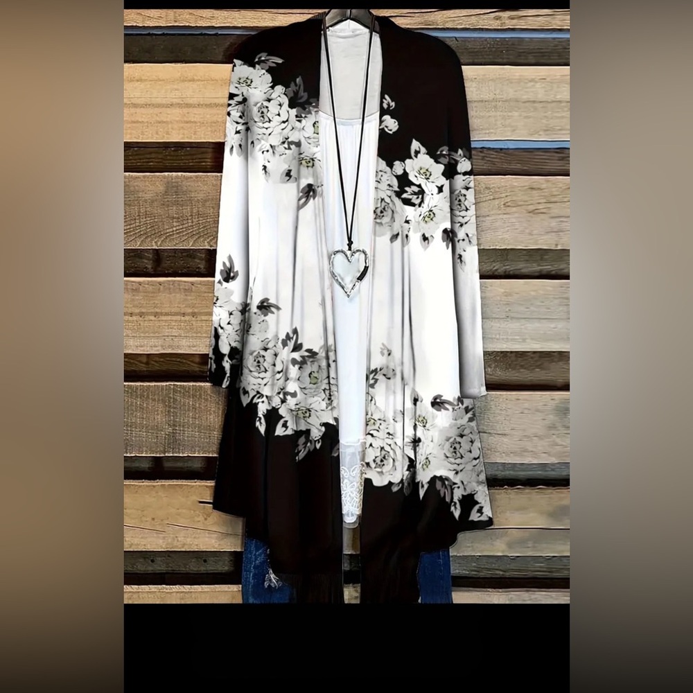 Floral Black and White Cardigan Plus Size 4X